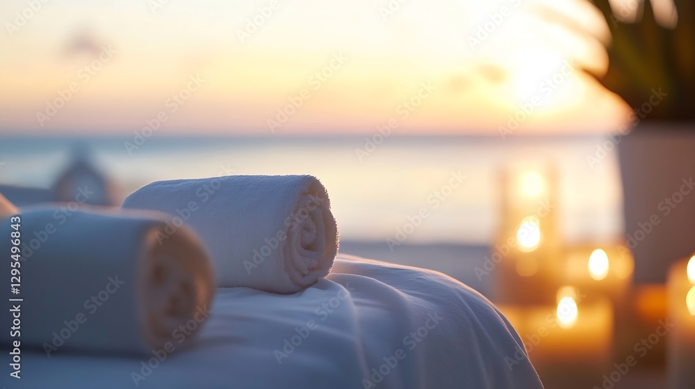 Poster luxurious spa setting with fresh towels and candles by the beach at sunset : generative ai