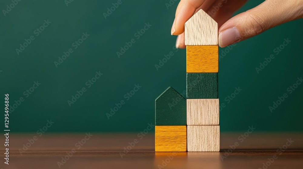 Poster savings public growth concept. wooden blocks being stacked to form a colorful building structure aga
