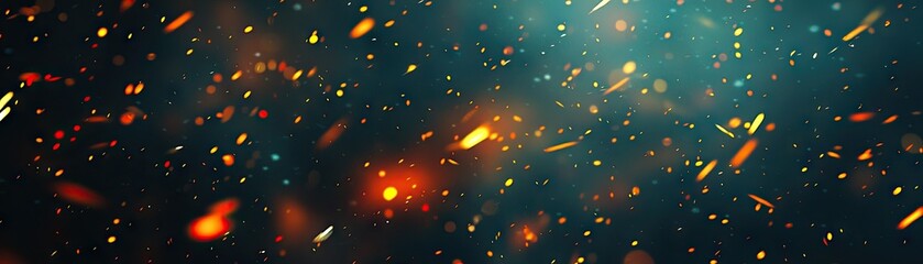 Glowing embers float, dark background, fire sparks