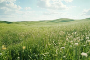 Fototapeta premium Stunning green grass landscape featuring hills and meadows under a bright white sky