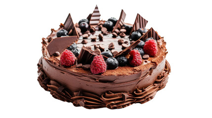 Delicious chocolate cake decorated with raspberries, blueberries and chocolate shavings on transparent background