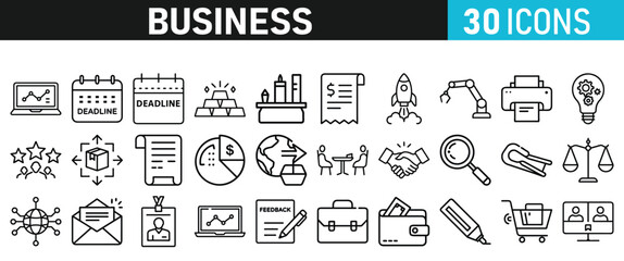 Set of 30 Business icons. Business web icons in line style. Money, bank, contact, infographic, balance. Icon collection. Vector illustration.