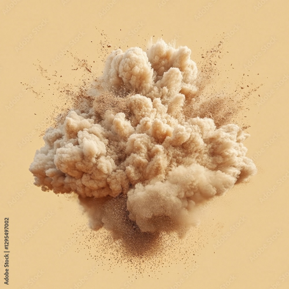 Poster beige cloud explosion on light background capturing abstract dust particles and dynamic movement in 