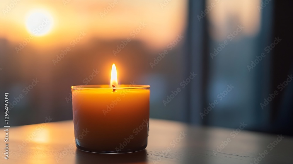 Poster warm glowing candle on wooden table against sunset backdrop creating a cozy and tranquil atmosphere 