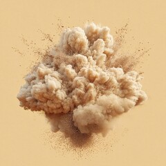 Beige cloud explosion on light background capturing abstract dust particles and dynamic movement in studio shot with soft light and neutral tones