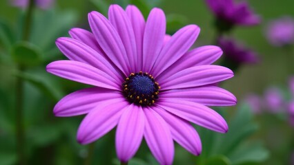 Obraz premium A vibrant purple daisy flower with a dark center and yellow-tipped stamens, set against a blurred green background.