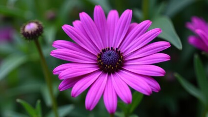 Obraz premium A vibrant purple daisy flower with a dark center and yellow accents, surrounded by green foliage.