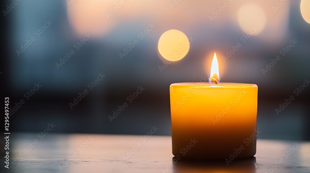 Poster single bright yellow candle burning with a warm glow and soft focused background : generative ai