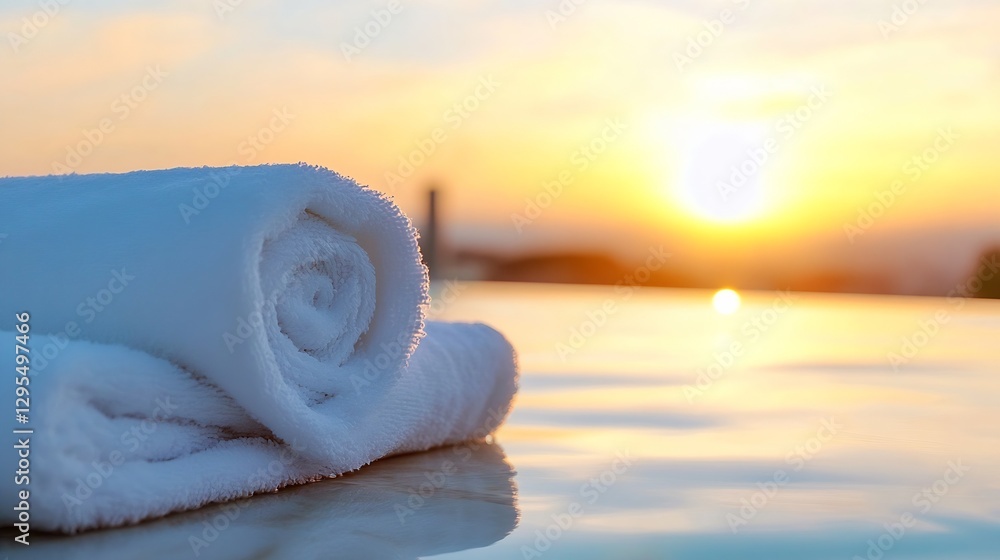Aufkleber luxurious towels rolled neatly by the pool during sunset : generative ai