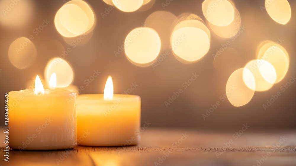 Fototapete Two lit candles with blurred lights in background creating a serene and relaxing atmosphere : Generative AI
