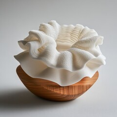 Elegant 3d printed white geometric structures with fabric and wood elements in close up photography