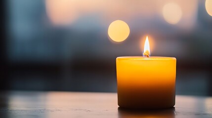 Single Bright Yellow Candle Burning with a Warm Glow and Soft Focused Background : Generative AI