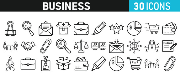 Set of 30 Business icons. Business web icons in line style. Money, bank, contact, infographic, balance. Icon collection. Vector illustration.