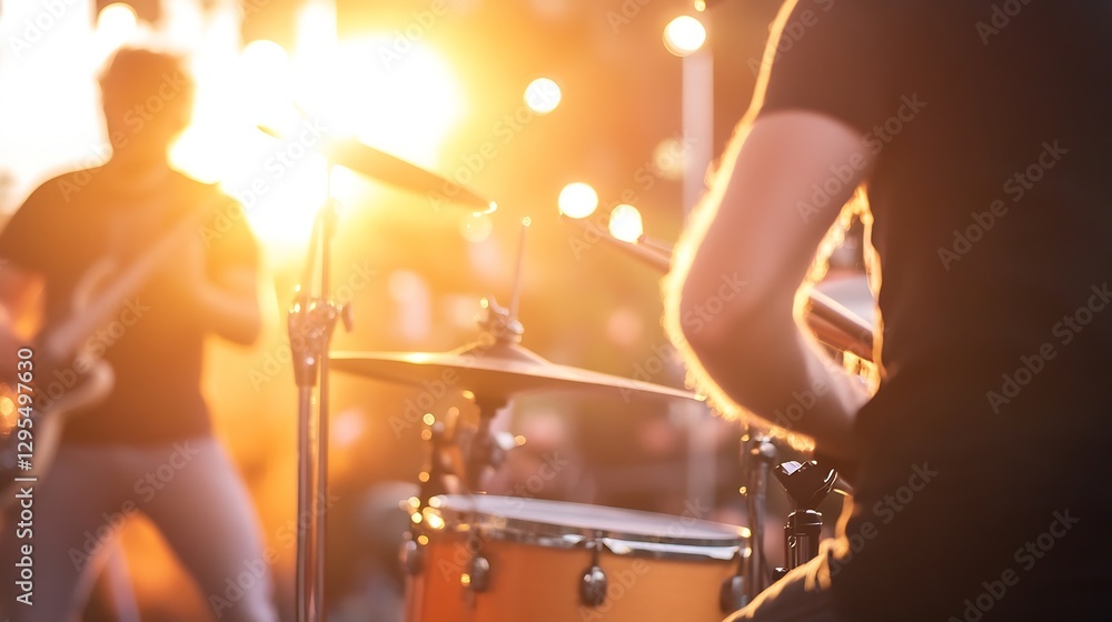 Poster dynamic live band performance with energetic drumming and colorful lighting at a music festival : ge