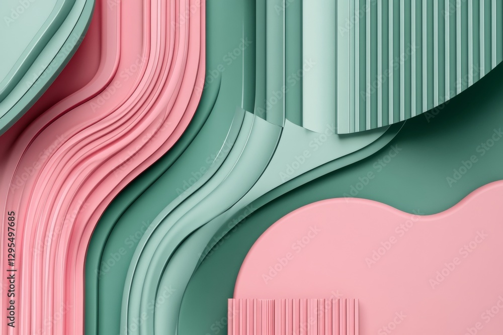 Poster minimalist 3d abstract background featuring green and pink colors with geometric shapes and patterns