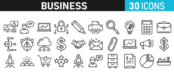 Set of 30 Business icons. Business web icons in line style. Money, bank, contact, infographic, balance. Icon collection. Vector illustration.