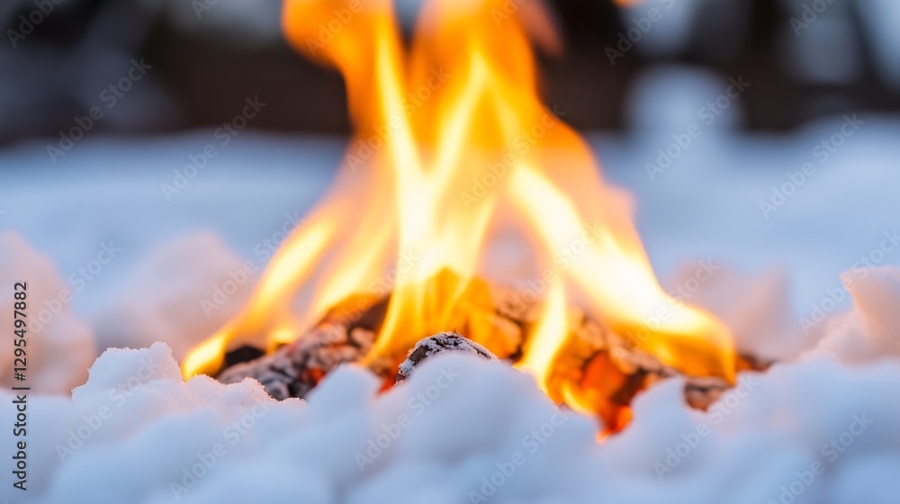 Poster flame dancing over logs in snowy ground creating a warm glow against cold winter landscape : generat