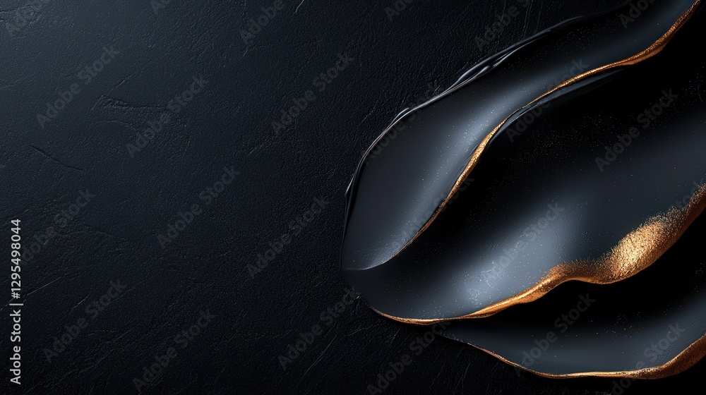 Poster fluid black form with gold trim on dark textured background with copy space