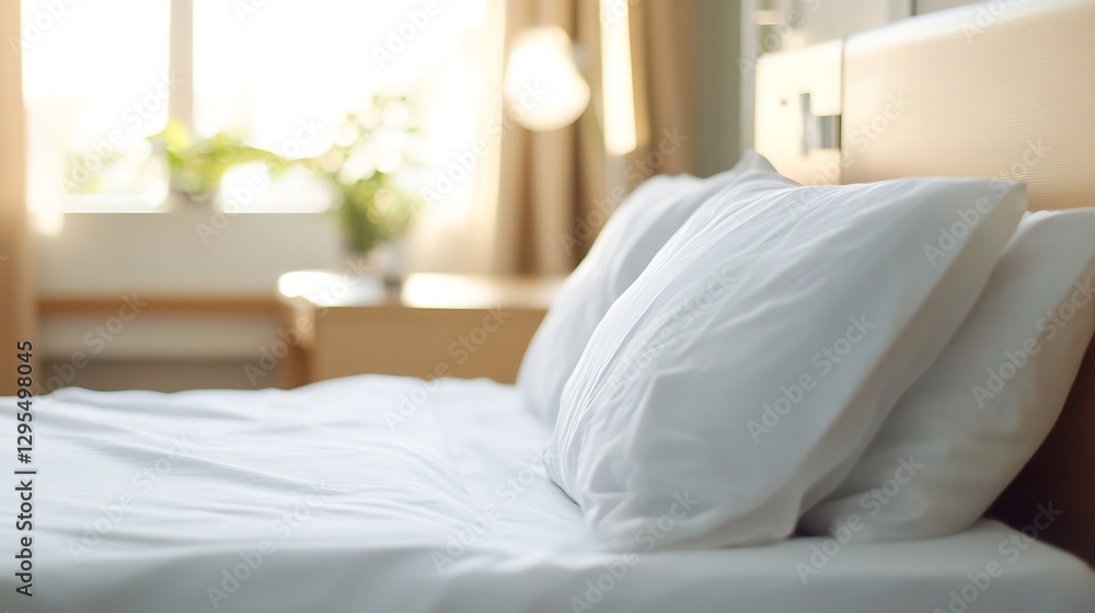 Aufkleber cozy and inviting bed with soft white pillows and bright natural light streaming through window : ge