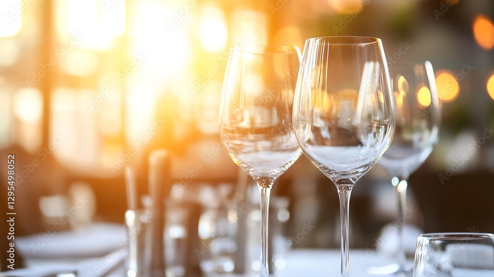 Poster Elegant and stylish dining setting with sparkling wine glasses catching soft sunlight : Generative AI