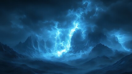 Lightning storm over dark mountains, fantasy art