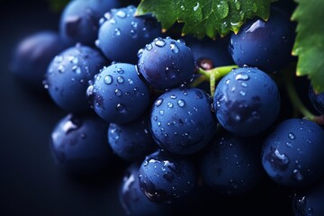 Macro photography of dark blue grapes with water droplets on a dark background for stunning detail
