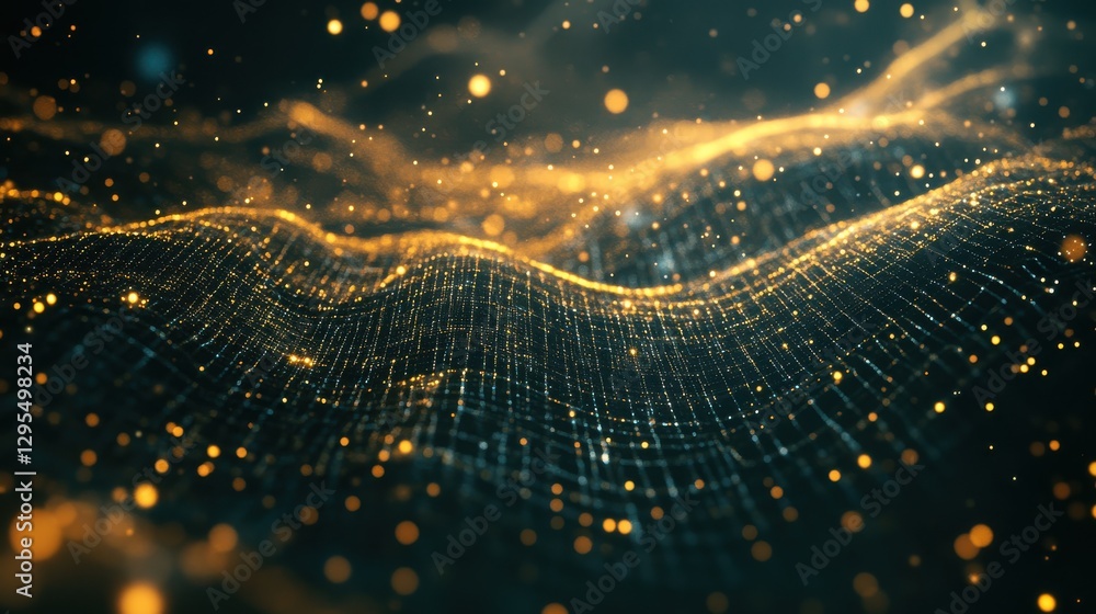 Poster abstract golden wave with glowing particles and digital mesh background for creative projects and te