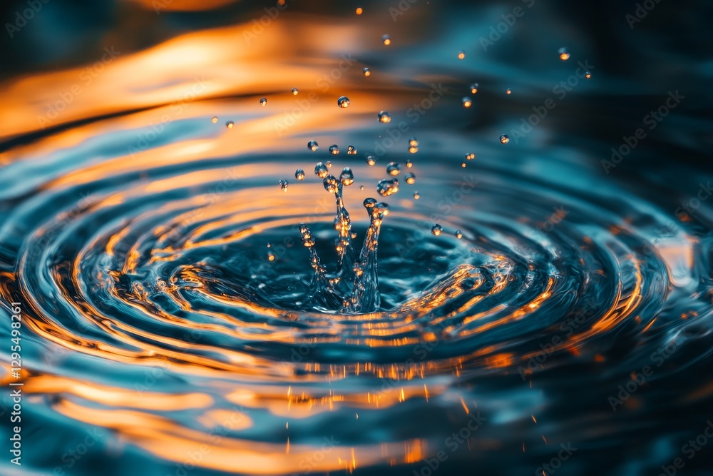 Poster close up of vibrant abstract water patterns with glowing drops and dynamic wave effects
