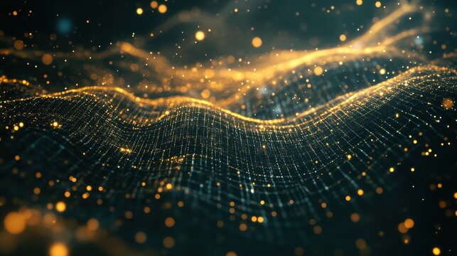 Abstract Golden Wave with Glowing Particles and Digital Mesh Background for Creative Projects and Technology Themes
