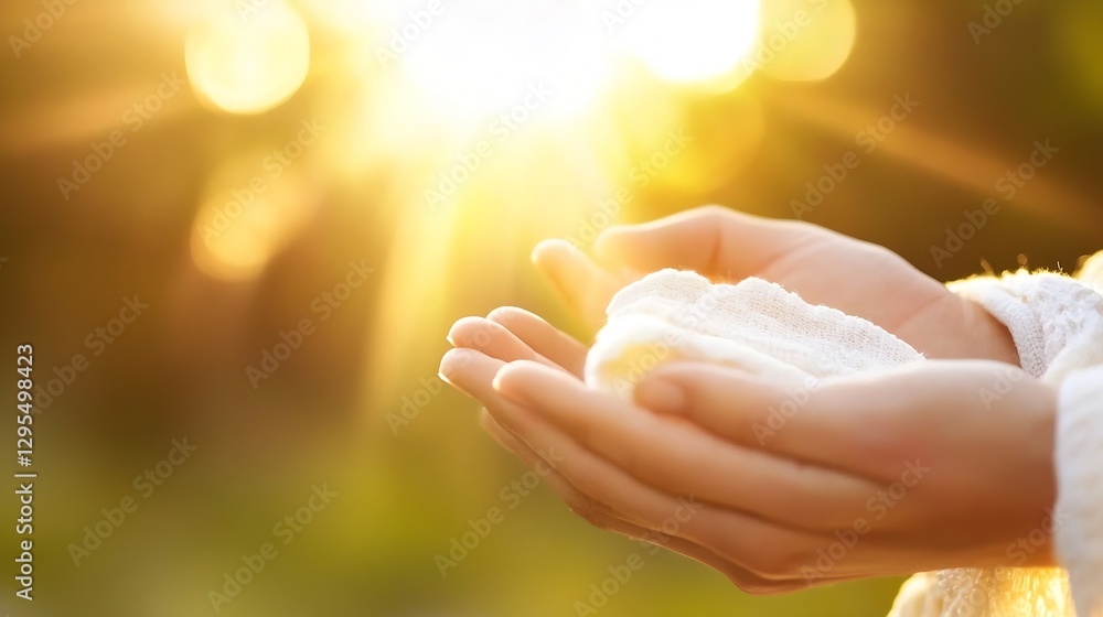 Poster hands holding a delicate fabric with radiant sunlight casting bright flares in the background : gene