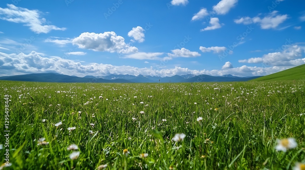 Poster expansive field of green grass and wildflowers under a bright blue sky with fluffy clouds : generati