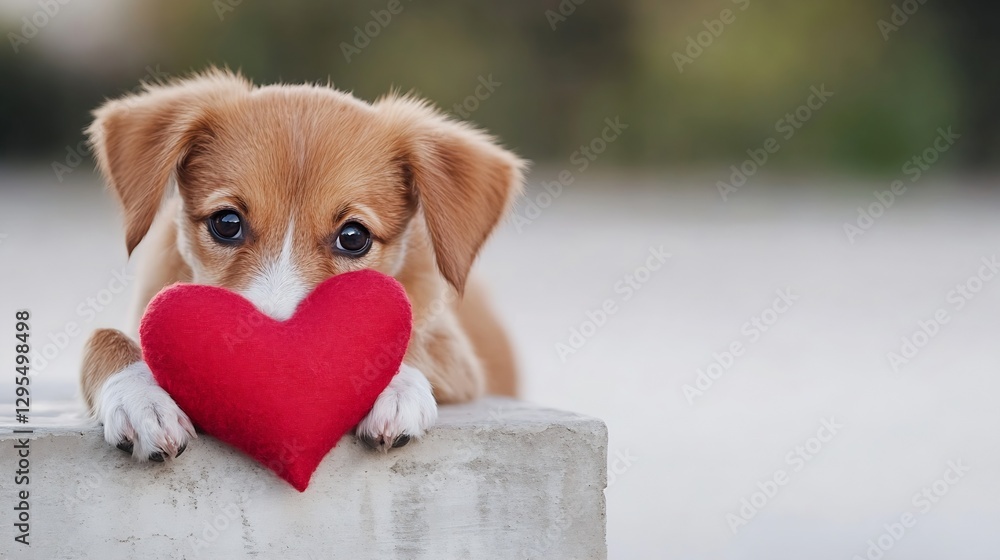 Poster adorable puppy holding a red heart shaped toy creating a loving atmosphere : generative ai