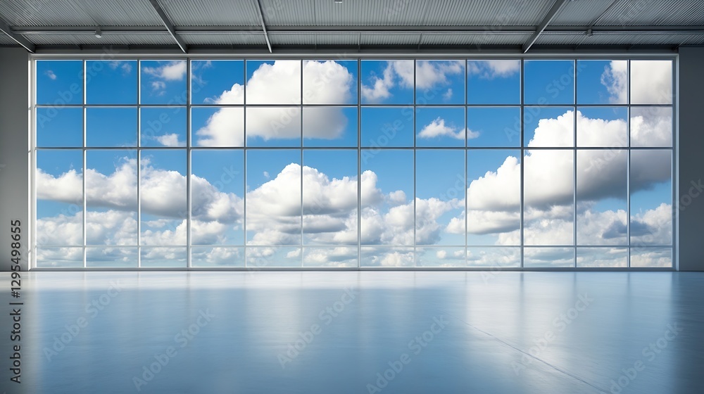 Aufkleber bright modern office space with large windows showcasing a scenic blue sky and clouds : generative a