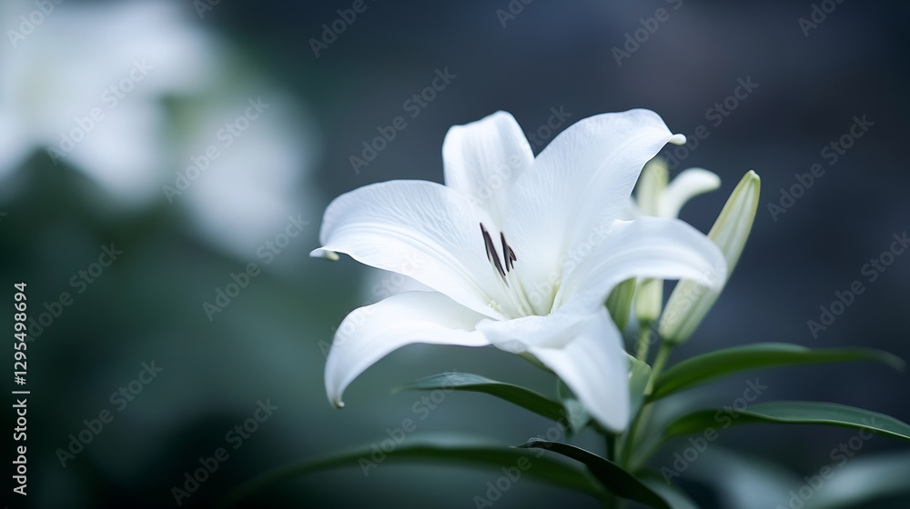 Poster stunning white lily flower blooming in a garden with soft focus background : generative ai