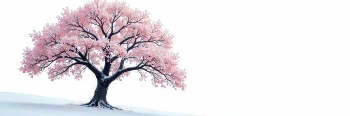 Obraz premium Mature tree with snow-covered branches and leaves against a white background, landscape, outdoors, evergreen