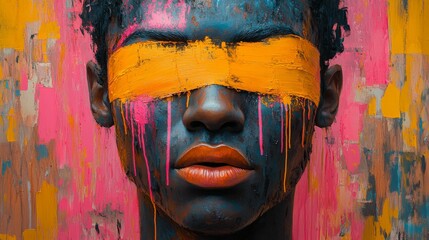 Abstract Portrait of a Person with Eyes Covered in Orange Paint and Dripping Pink and Black Paint