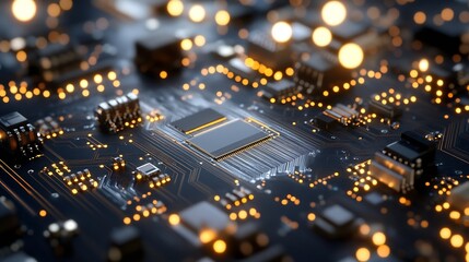 Hightech closeup of a computer circuit board showcasing advanced technology with glowing components : Generative AI