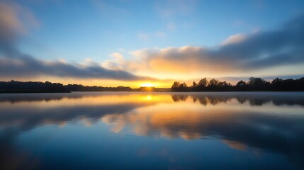 Obraz premium Stunning sunrise reflected on a calm lake creating a picturesque landscape with clouds and vibrant colors : Generative AI