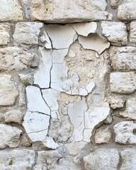 Close up of weathered stone wall with cracked white plaster revealing texture and age creating a rustic visual