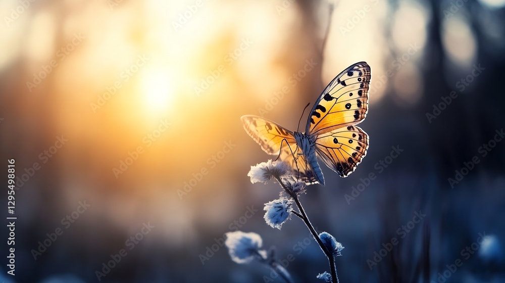 Poster beautiful orange butterfly resting on a delicate flower with a glowing sunset in the background : ge