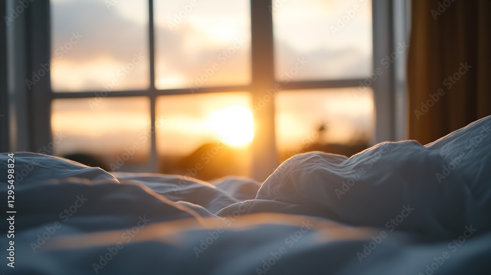 Poster cozy bed with soft blankets and beautiful sunrise through window : generative ai