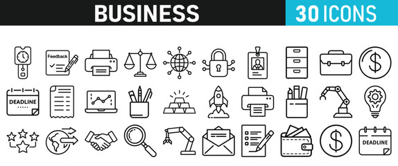 Set of 30 Business icons. Business web icons in line style. Money, bank, contact, infographic, balance. Icon collection. Vector illustration.
