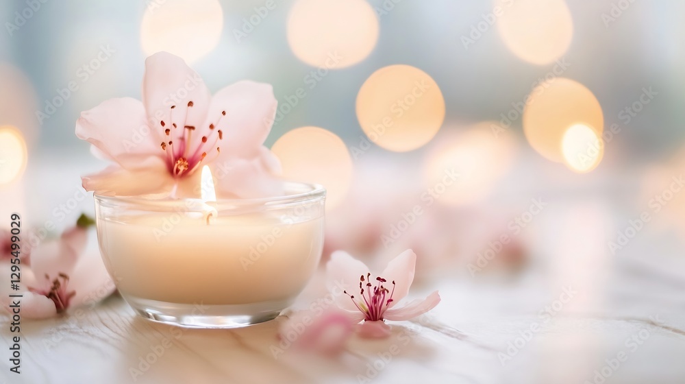 Fototapete Aromatic candle with pink flower petals creating a calming and serene atmosphere with soft bokeh in the background : Generative AI