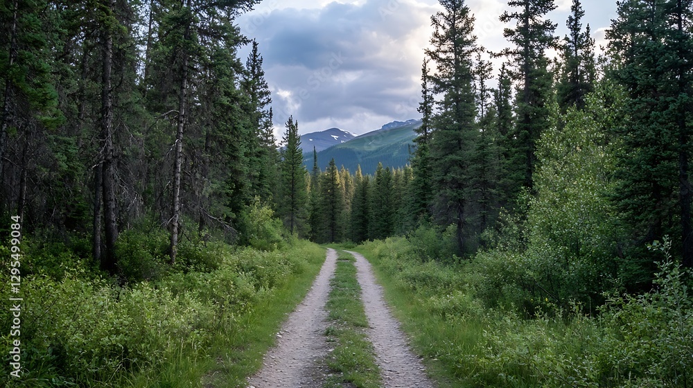 Aufkleber serene dirt path winding through vibrant green forest leading to distant mountains : generative ai