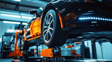 Black Car Undergoing Wheel Alignment Service