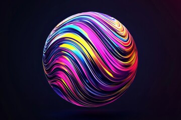 Colorful wavy lines form an abstract sphere on black background in glitch art and minimalism style