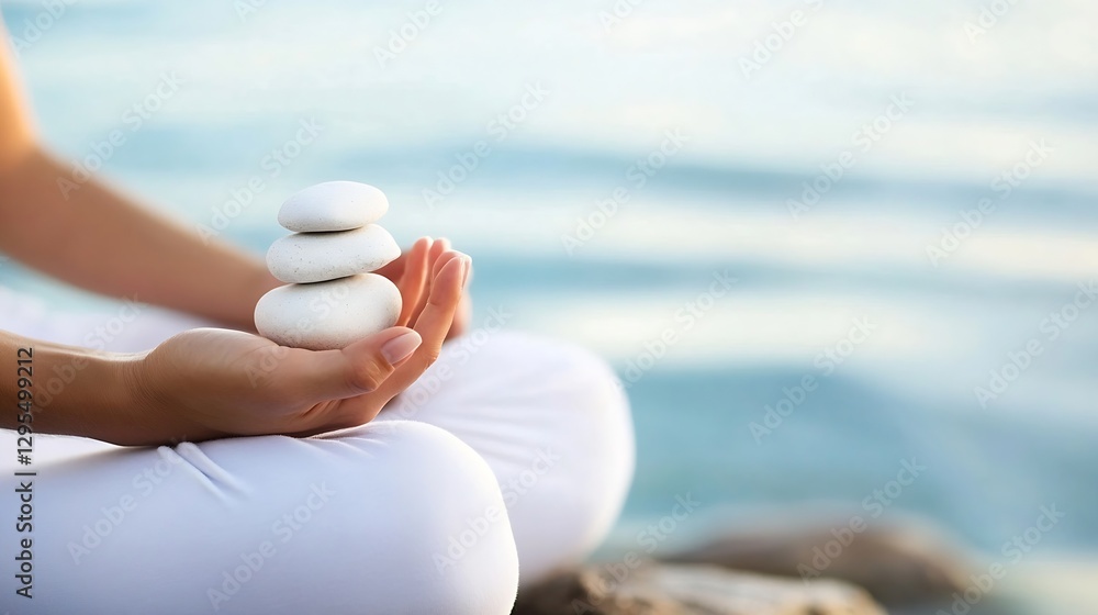 Poster hands balancing smooth stones in a meditative pose by the water : generative ai