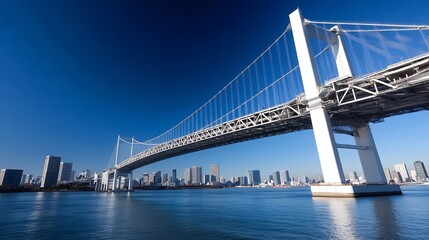 Fototapeta premium Stunning modern bridge soaring above a calm river with clear reflections of the city skyline : Generative AI