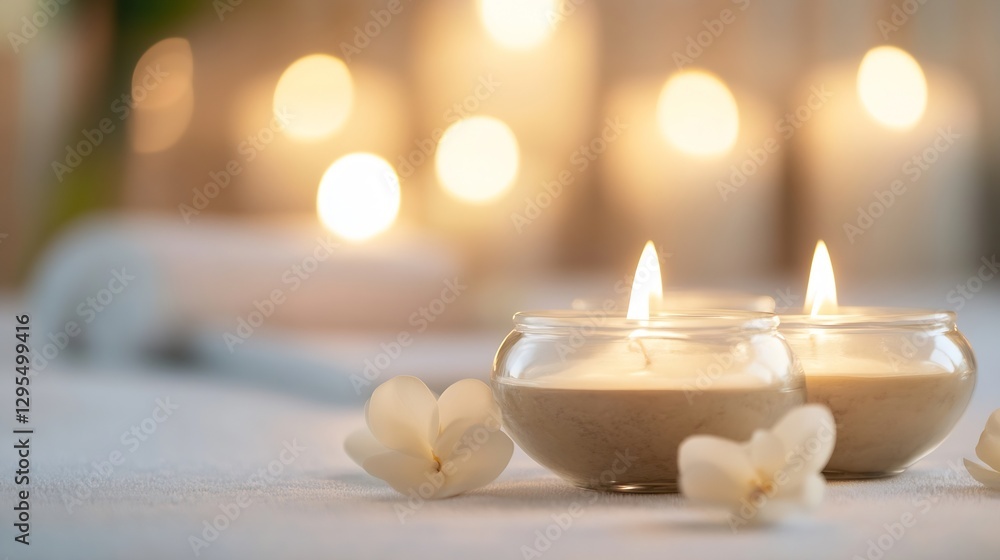 Poster serene arrangement of candlelight with exotic flowers creating a relaxing ambiance for spa and welln