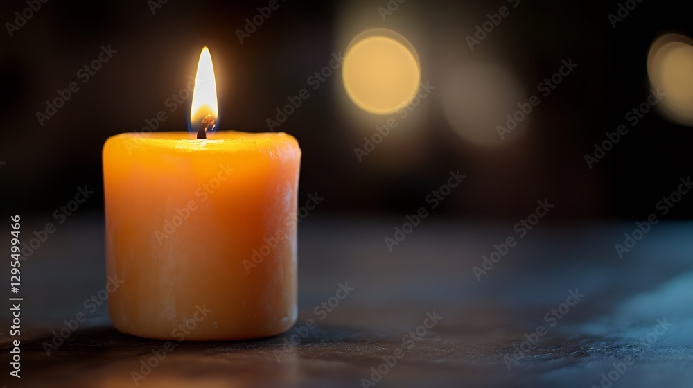 Poster single flickering candle on a dark background with soft focus pebbles : generative ai